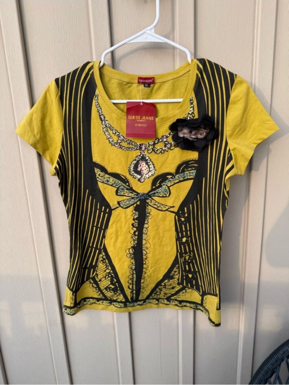 Guess Jeans Deadstock Y2K Yellow Graphic Tee with Black Print XL